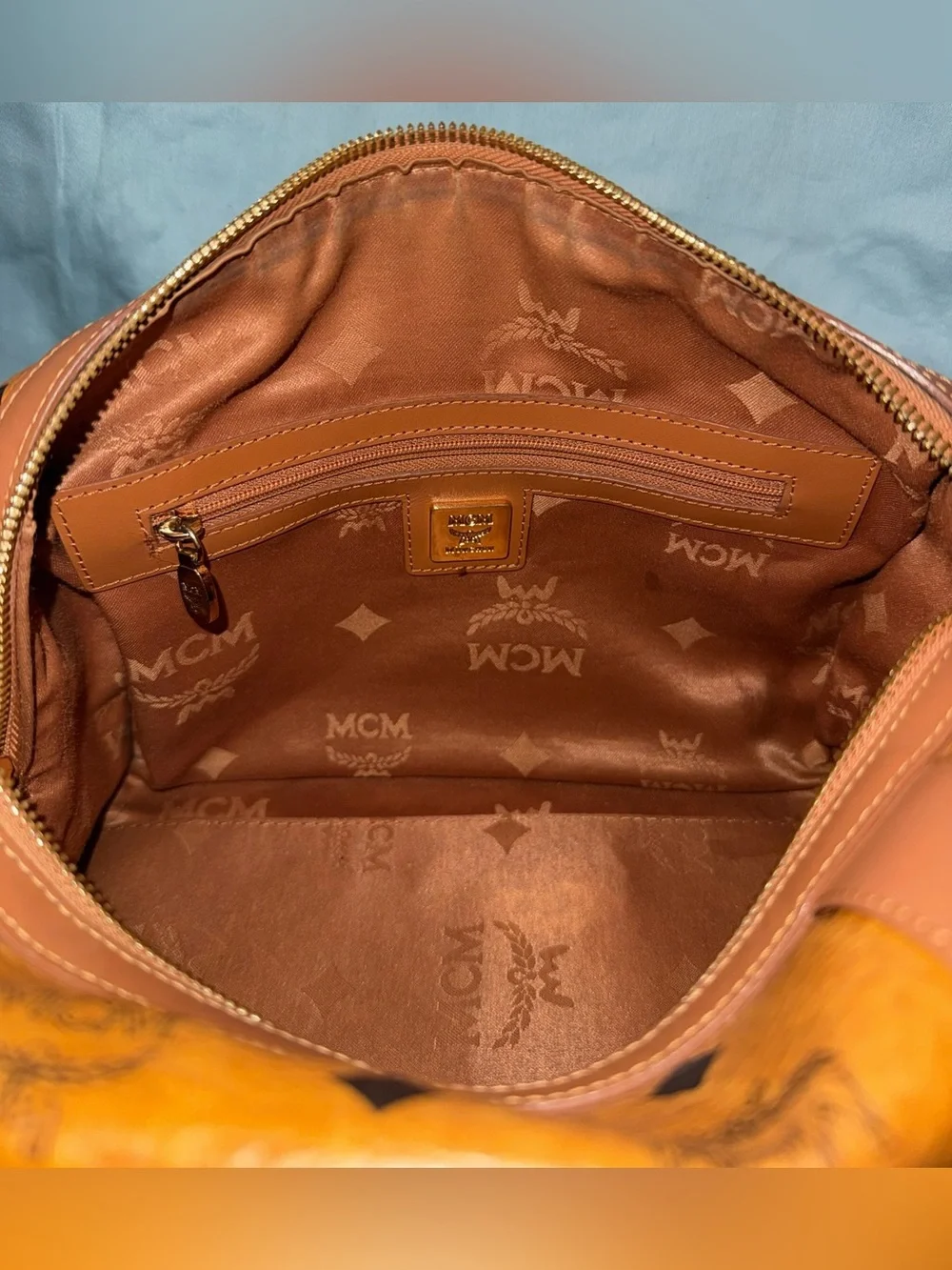 MCM Authentic Cognac Logo Visetos Boston Satchel with Gold Hardware
